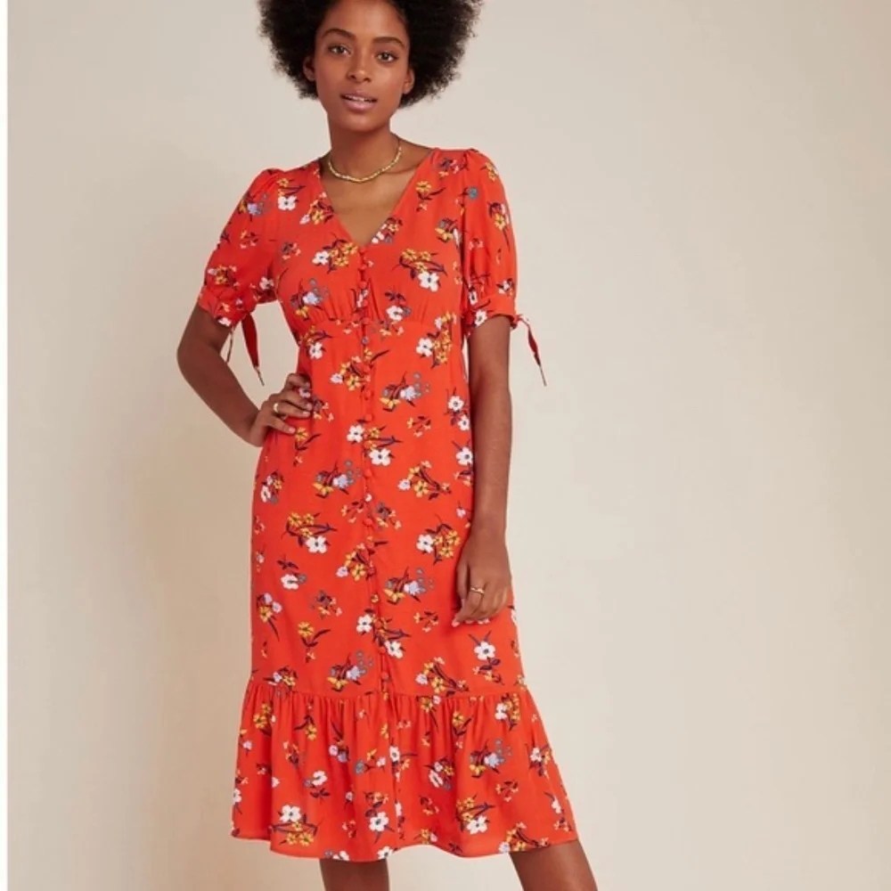 ANTHROPOLOGIE /Maeve floral V-neck rayon dress/tie sleeves/NWT/14 - Picture 1 of 7